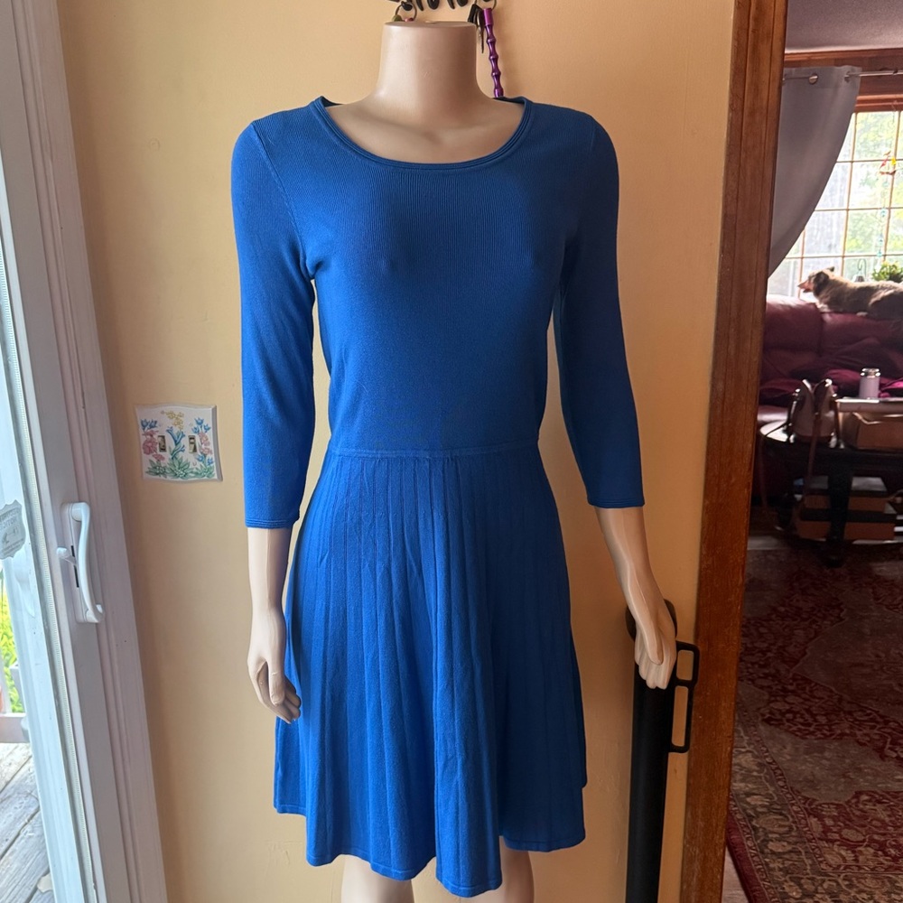 Talbots Blue Soft Knit Pleated Fit & Flare Sweater Dress S Petite Back Zipper